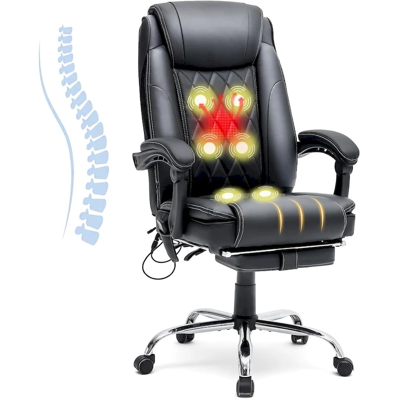 Ergonomic Heated Executive Office Chair with 2/4/6-Point Massage, Retractable Footrest, and PU Leather