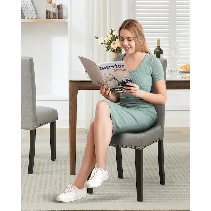 Modern Fabric Dining Chair Set of 4, Upholstered Kitchen Chair with Curved Backrest Wood Legs