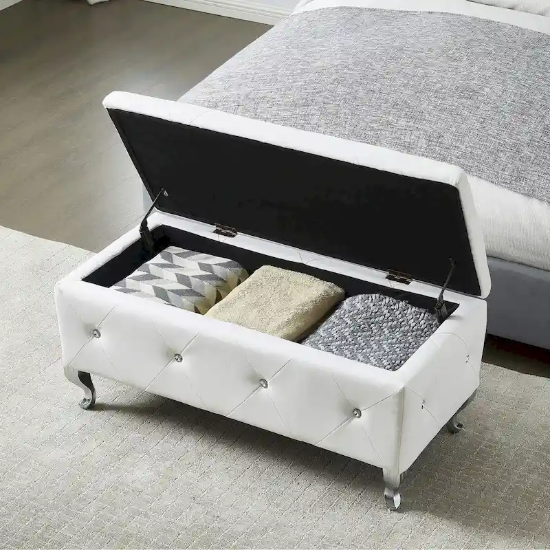 Black / Grey / Silver / White Faux Leather Storage Ottoman Bench with Crystal Buttons — 1 Person