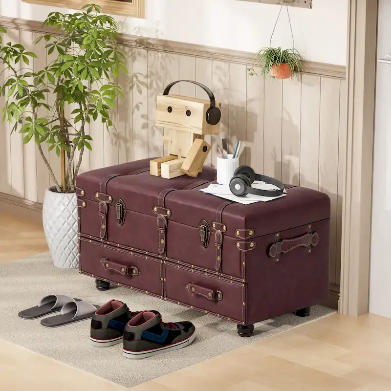 Brown Faux Leather Storage Ottoman Bench with Studded Details