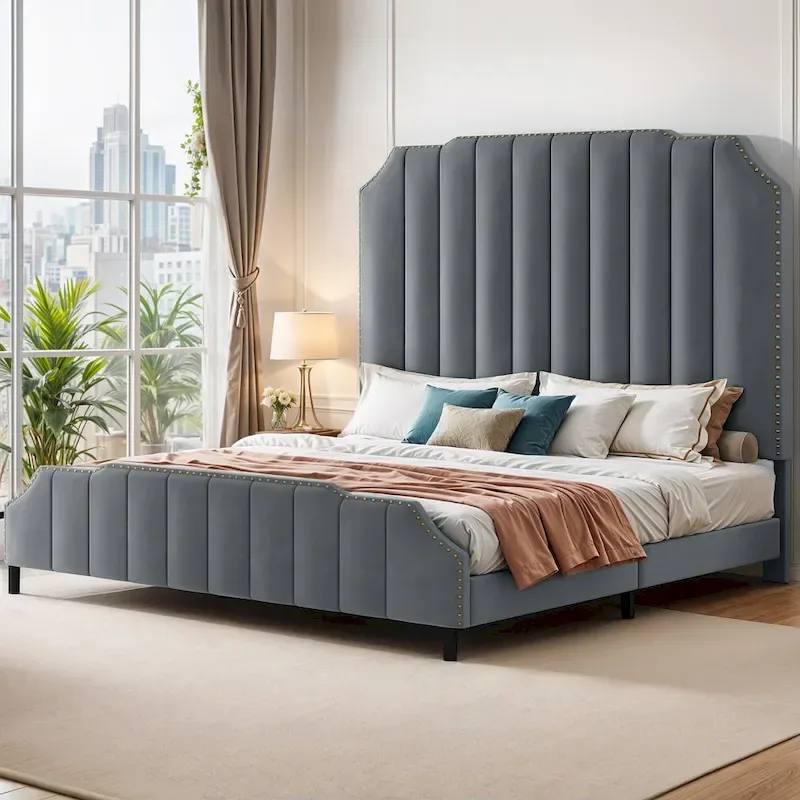Grey Upholstered Bed Frame Velvet Platform Bedframe Mattress Foundation