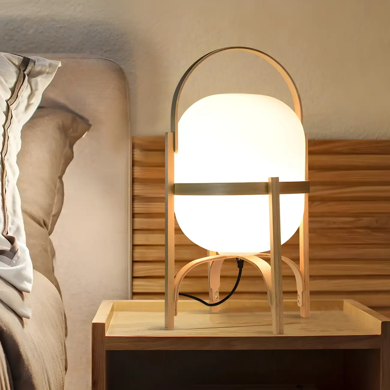 Geometric Plug In Wood Frame LED Table Lamp for Bedroom