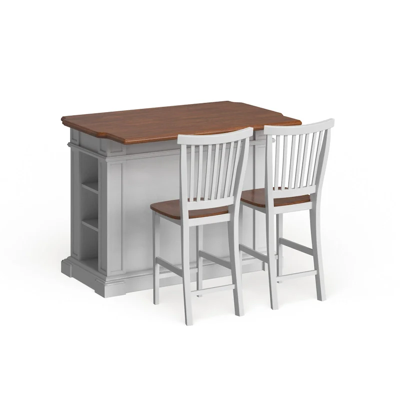 Homestyles Americana Distressed Off-White Oak Kitchen Island Set with Two Counter Stools