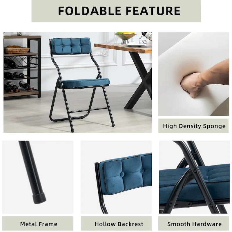 Velvet Upholstered Steel Tufted Folding Dining Chairs(set of 4)