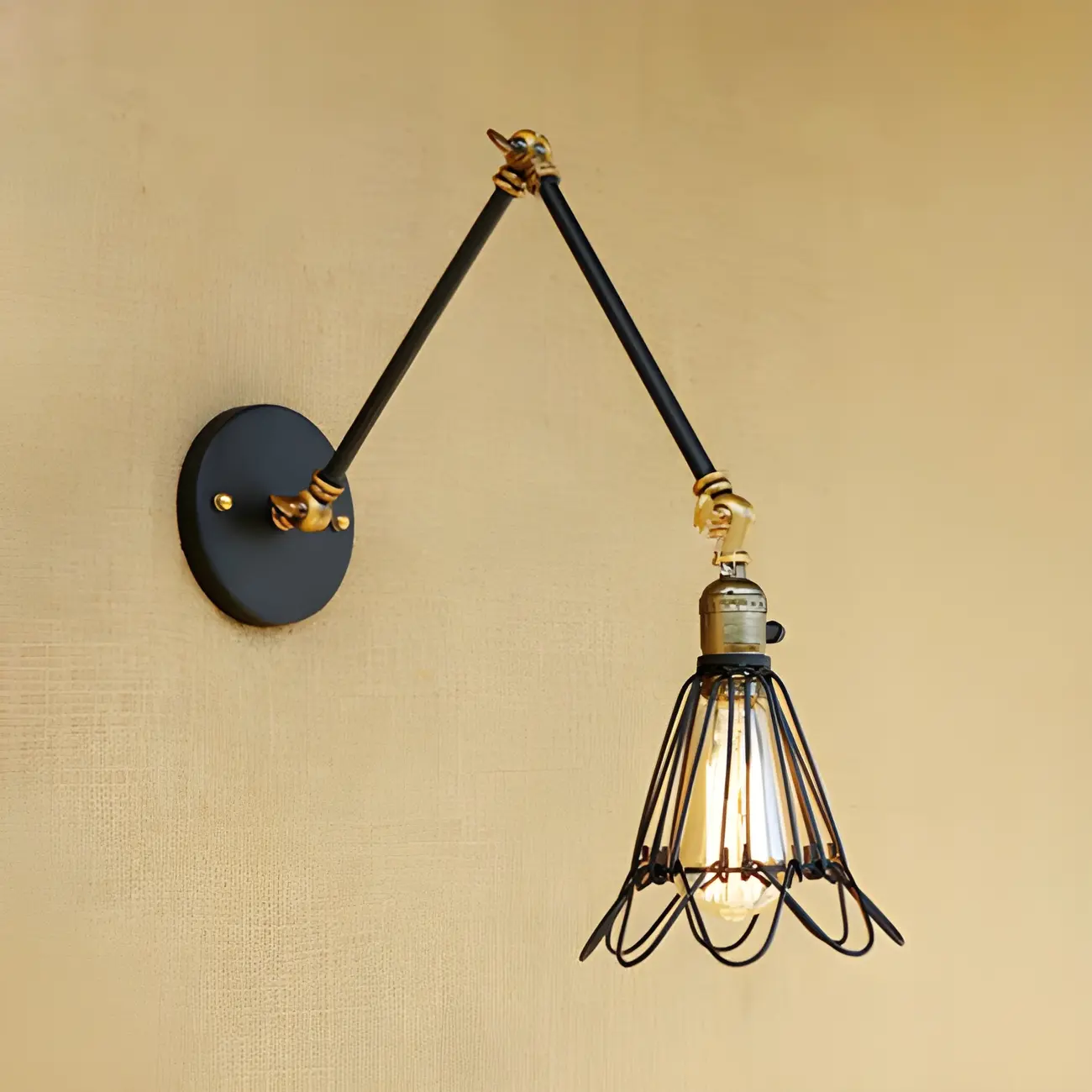 Industrial Black Wire Cage Swing Arm Wall Light