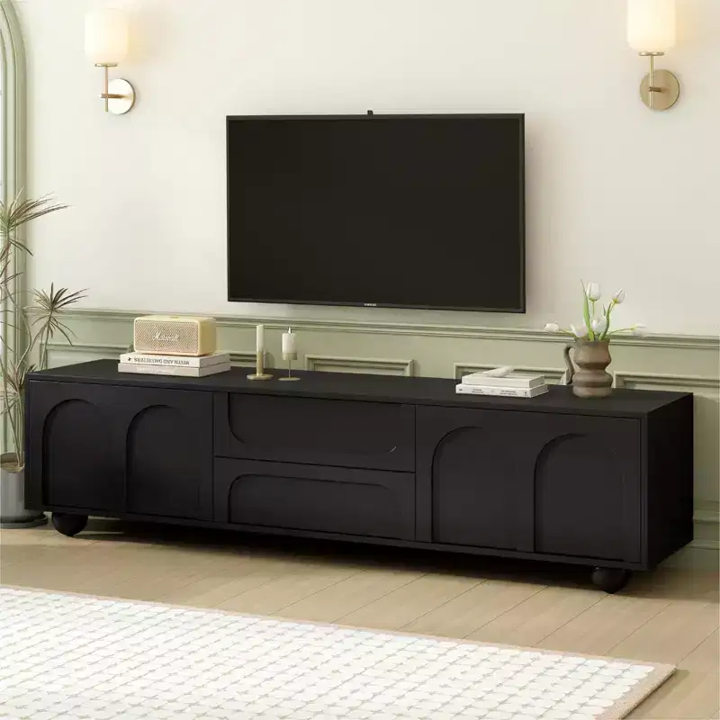 JVNOXK 69-Inch Stylish TV Stand with Arched Cabinet Doors, 2 Drawers, Suitable for TVs Up to 75 Inches; with Rebound Device; for Bedroom, Black