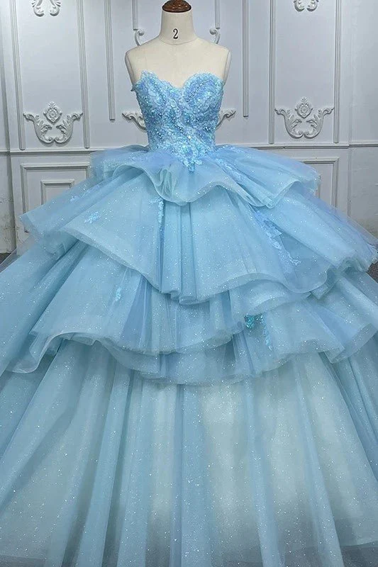 Romantic Princess Sleeveless Quinceanera Dresses Ruffle Strapless Sequins Ball Gown