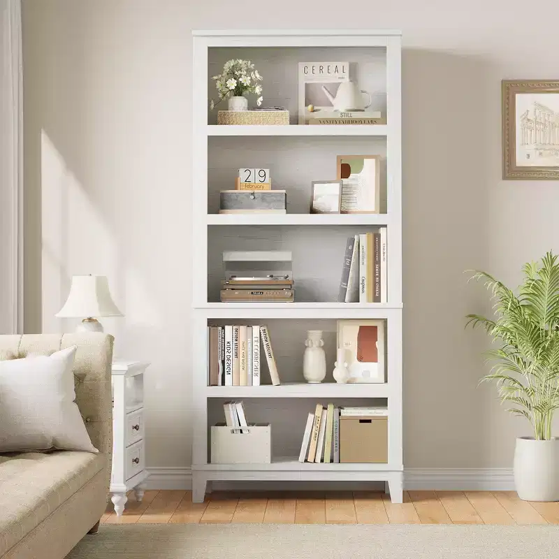Wooden Bookcase 5 Tier Storage Bookshelf Farmhouse Bookshelves Rustic Vintage Etagere for Home Office,Living Room,Bed Room,White