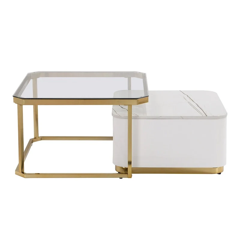 2 Pieces Nesting Coffee Table w/ Drawers & Electroplated Gold Legs