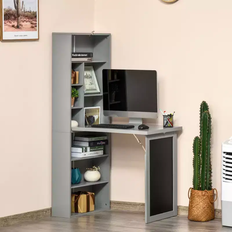 GDFStudio Cordoba Foldable Wall-Mounted Home Office Desk with Blackboard and Storage Shelves