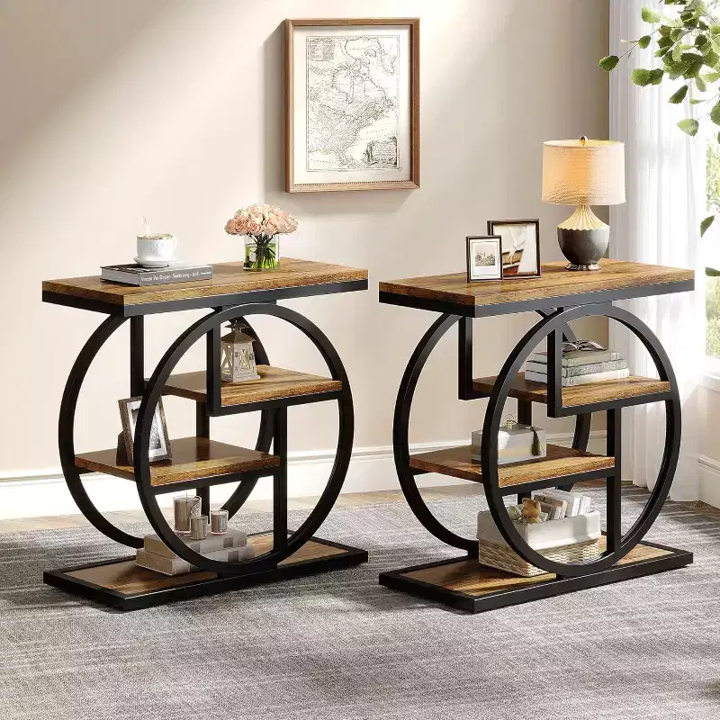 Lantine End Table Set of 2, 4-Tier Narrow Side Table with Storage Shelves, Wood Sofa Side Table for Bedroom, Living Room, Rustic Brown