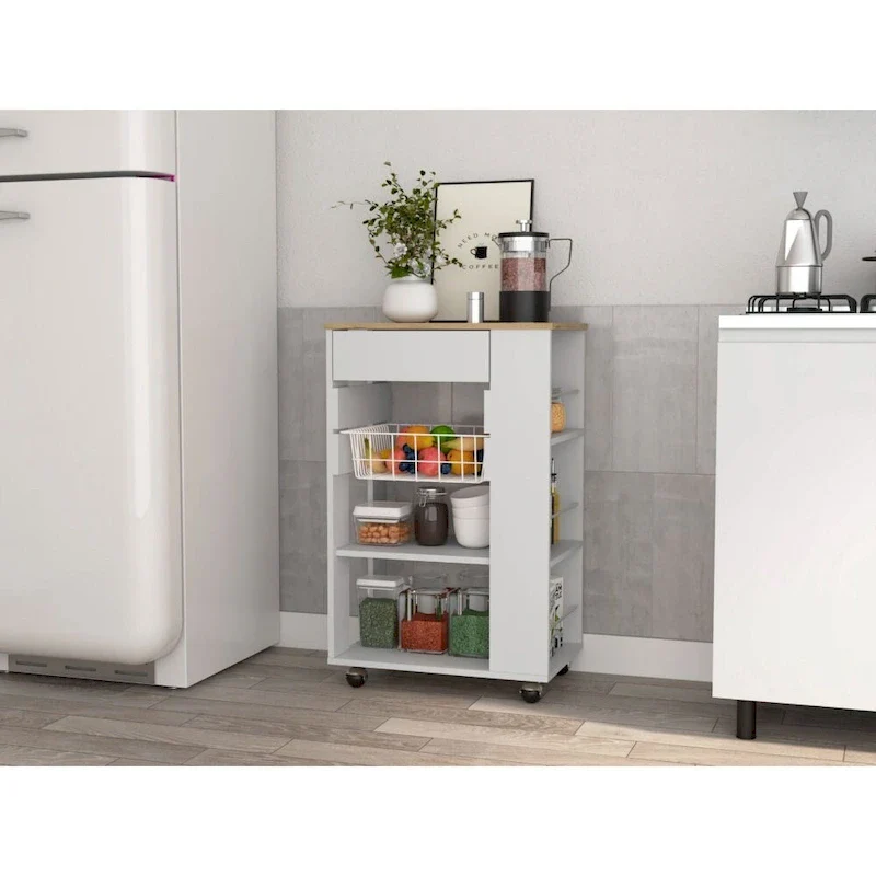 5-Shelf 1-Drawer Kitchen Cart White and Light Oak
