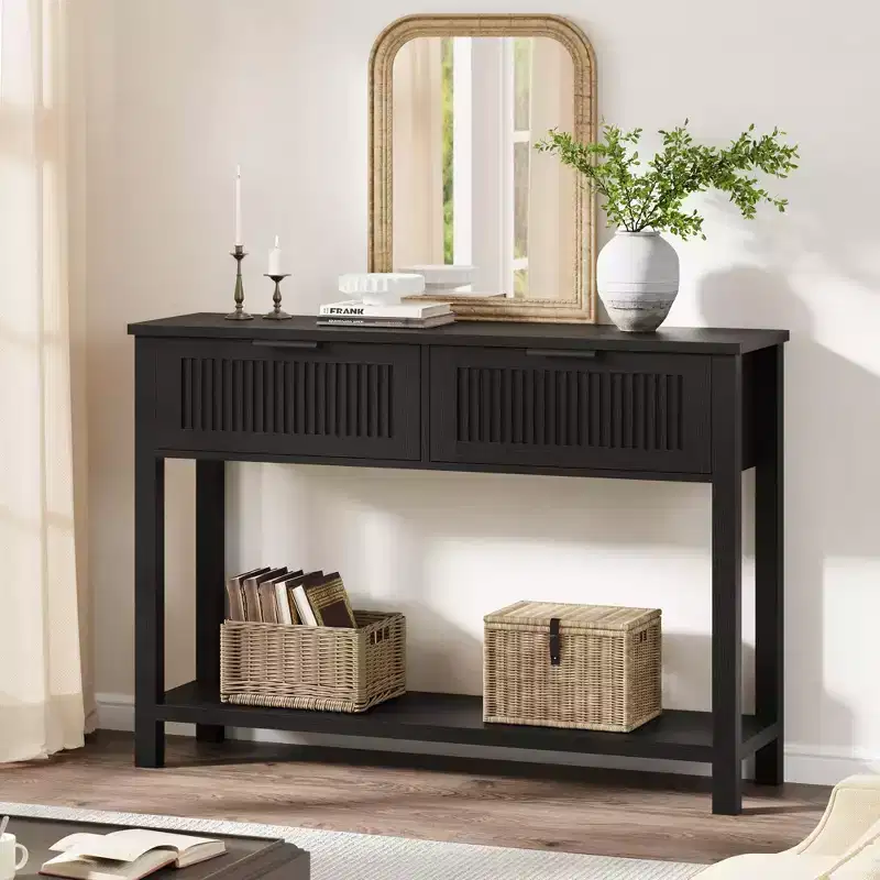 43 Inch Farmhouse Console Table with 2 Drawers, Fluted Entryway Table with Storage, Narrow Sofa Table for Hallway
