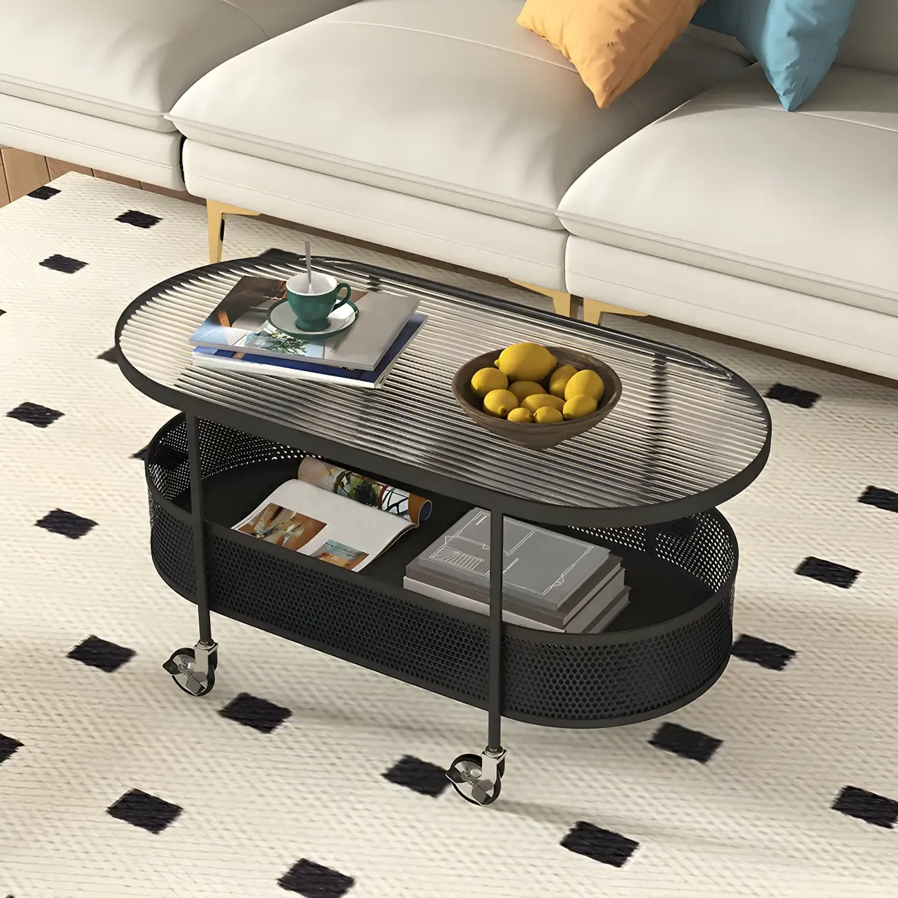 Modern Metal Oval Coffee Table with Storage & Wheels