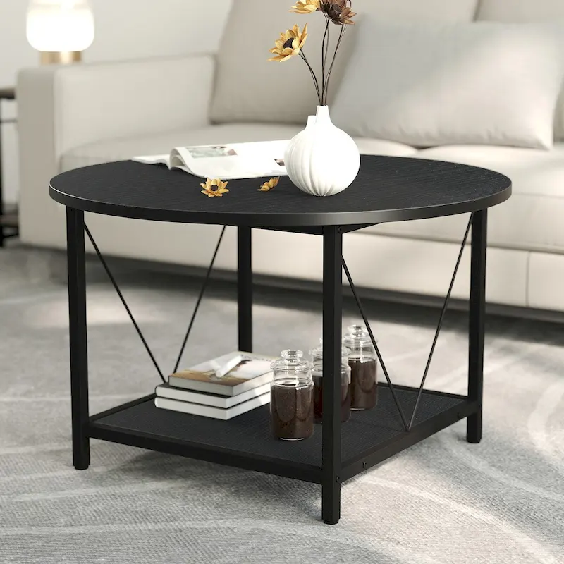 Moasis 31.5 Farmhouse Round Coffee Table, Rustic 2-Tier Center Table with Storage Open Shelf