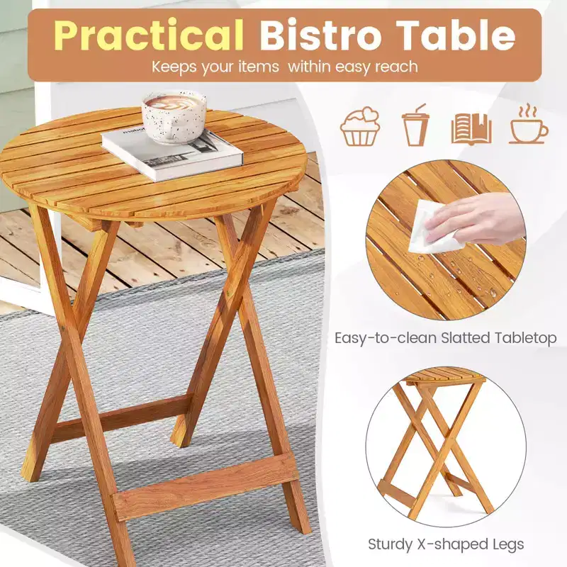 Costway 3 PCS Acacia Wood Patio Bistro Set Folding Table & Chairs Set with Cushions Beige/Navy