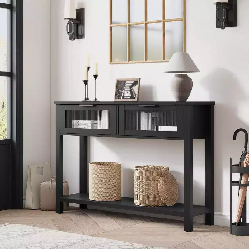 Entryway Table, Wood Console Table with 2 Glass Drawers, 2 Tier Sofa Table with Storage for Living Room, Foyer Tables for Entryway