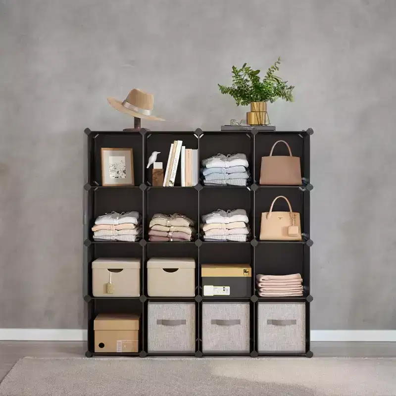 Cube Storage Organizer, Set of 16 Plastic Cubes, Cube Shelf, Book Shelf, Closet Organizers and Storage, Room Organization, 12.2 x 48.4 x 48.4 Inches