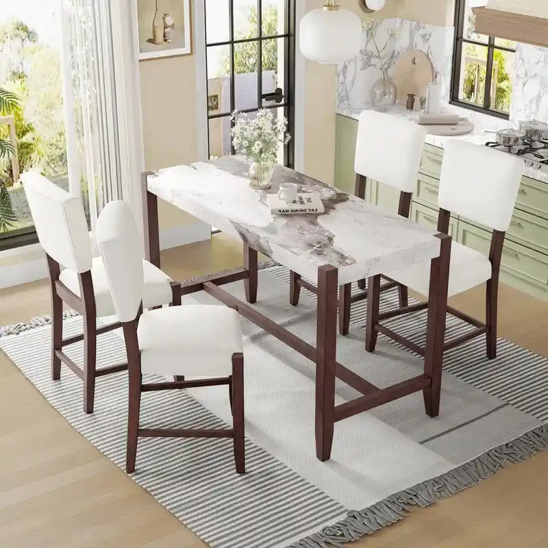 Modern 5-Piece Counter Height Dining Table Set, Faux Marble Bar Table and 4 Upholstered-Seat Chairs
