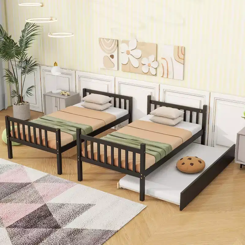 MAYEERTY Twin Rubber Wood Bunk Bed with Trundle Convertible into Twin Size Bed Ladder and Safety Guardrails Espresso
