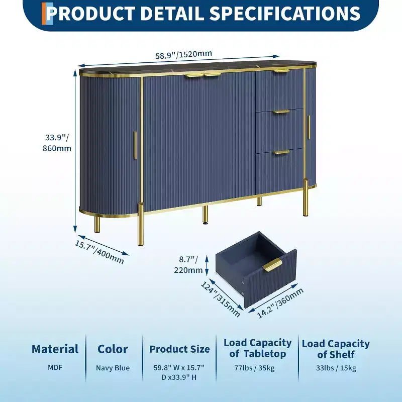 59in Large Sideboard Buffet Cabinet, Modern Fluted Cupboard Coffee Bar Oval Wood TV Console Cabinet with 3 Drawers, Blue