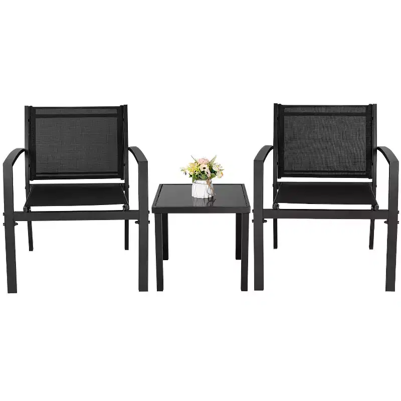 Devoko 3pc Outdoor Bistro Set: Mesh Arm Chairs, Tempered Glass Table, Metal Frame, All-Weather Design