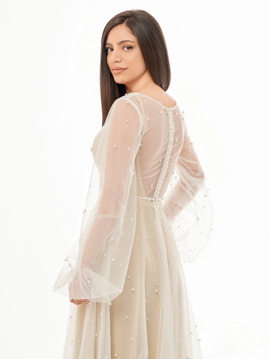 Simple Modest A-Line Long Sleeve Tulle Elopement Illusion Wedding Dress with Pearl