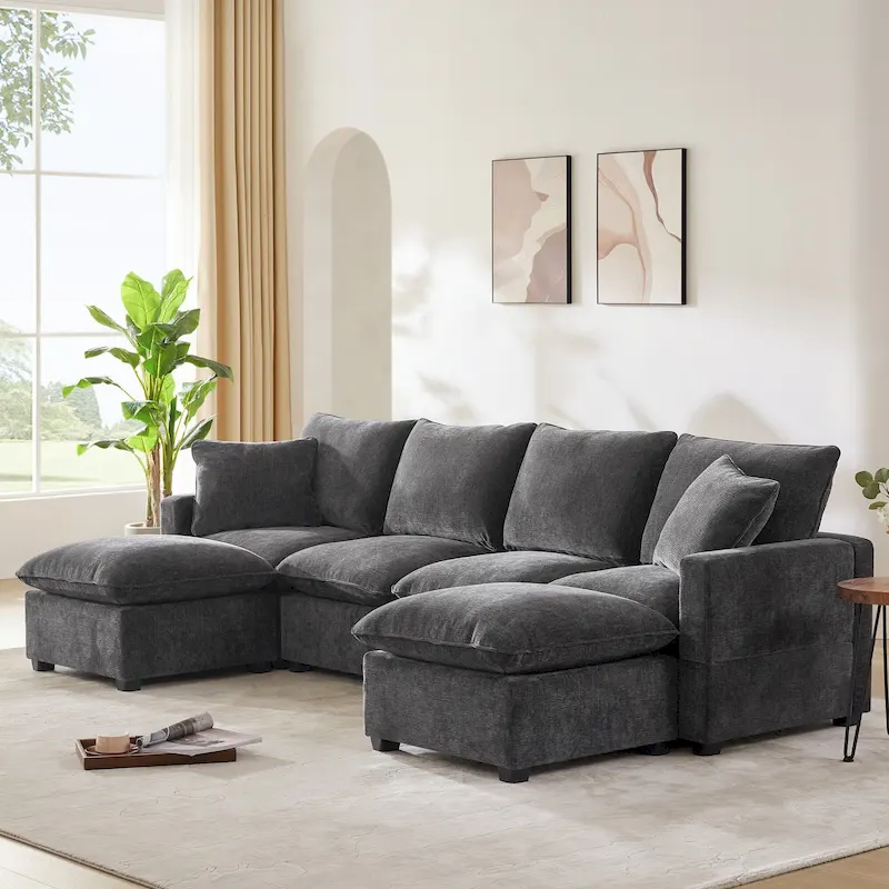 U Shape Modular Sofa, 6 Seat Chenille Deep Seat Sectional Couch