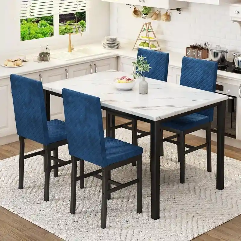 Grondin 5-Piece Dining Room Table Set with Faux Marble Table Top and Diamond Stitching Velvet Upholstery Dining Chairs