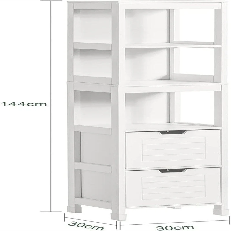 White Tall Bathroom Storage Cabinet with Shelves and Drawers