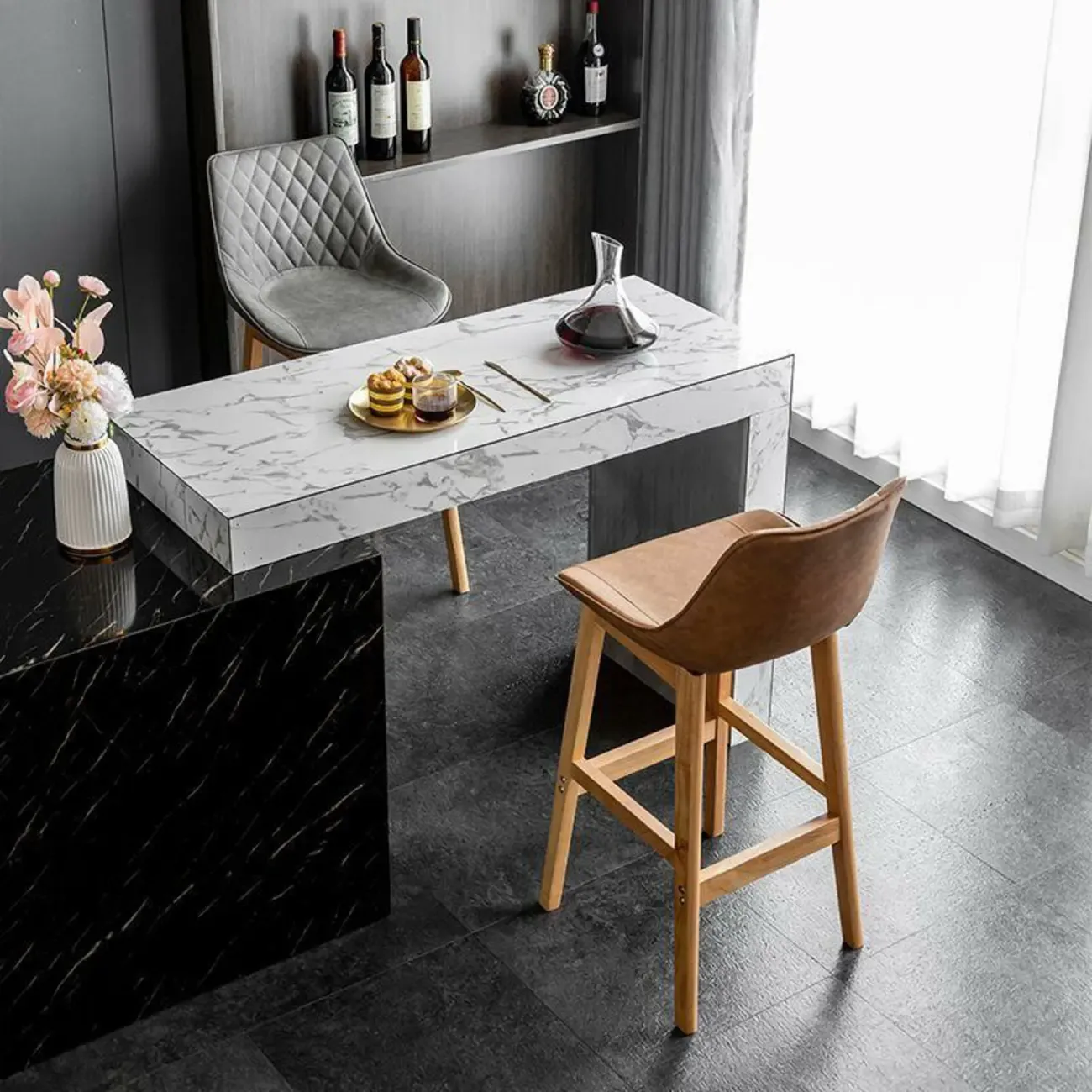 Modern Wood Tufted Upholstered Leather Bar Stool
