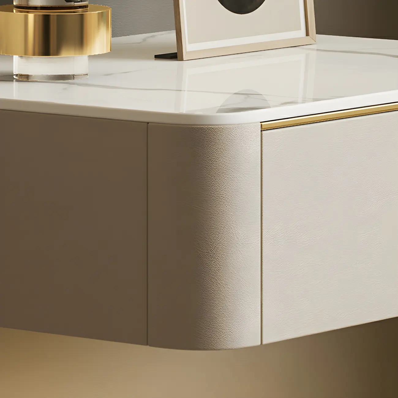 Low Beige Leather Stone Top Floating Nightstand with Drawer