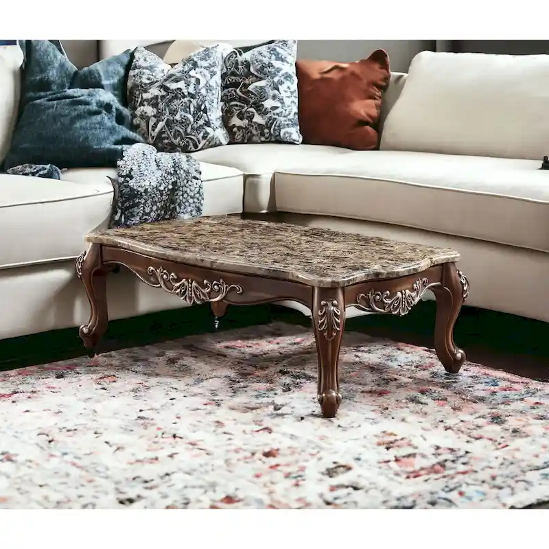 HomeRoots 57 Brown And Oak Faux Marble And Solid And Manufactured Wood Coffee Table - 57