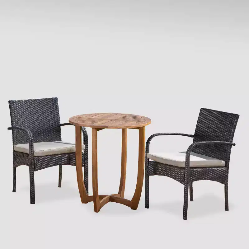Lindy 3pc Acacia Wood and Wicker Bistro Set - Teak/Cream - Christopher Knight Home: Outdoor Furniture with Padded Chairs & Round Table