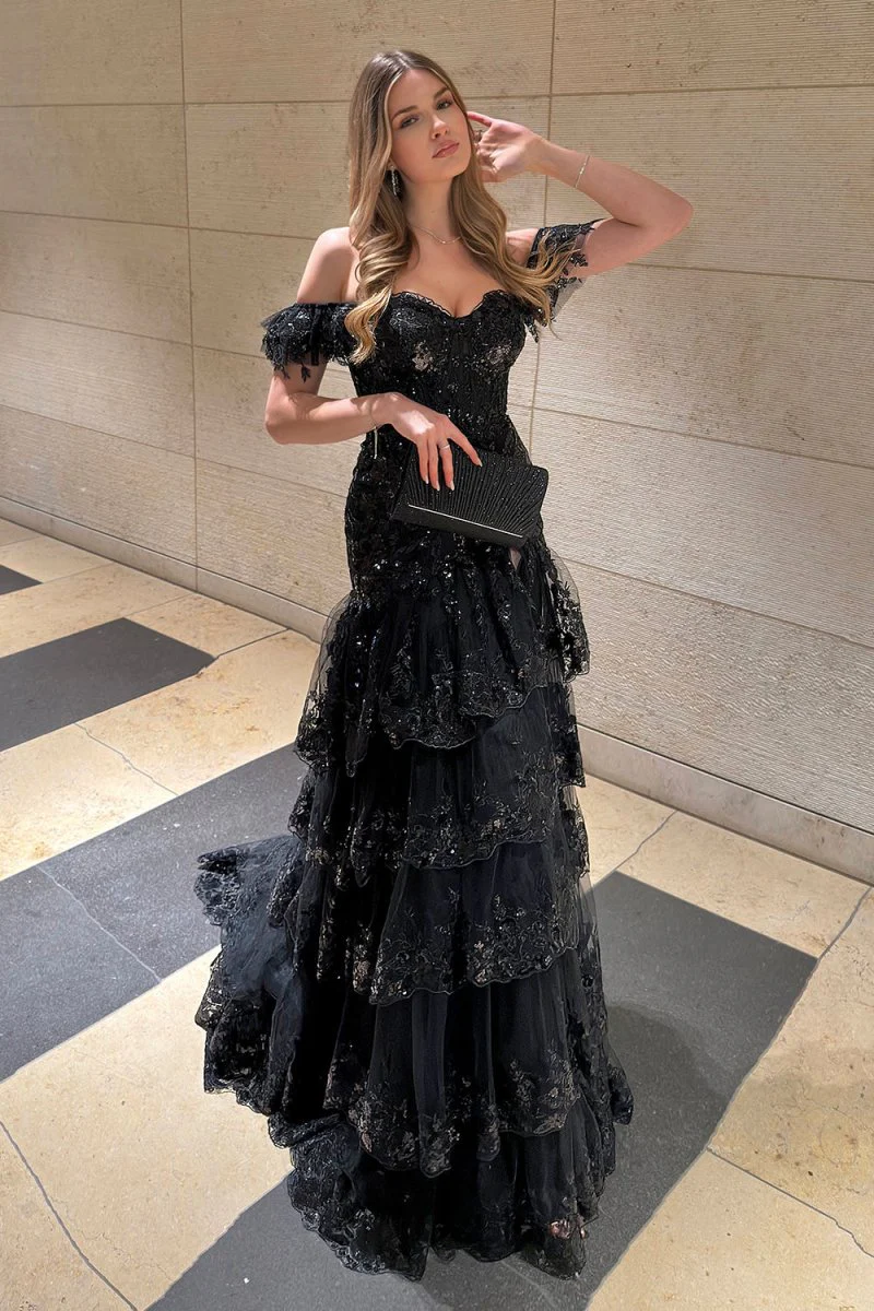 Sheath Off the Shoulder Long Lace Prom Dress (Lace-up Back)