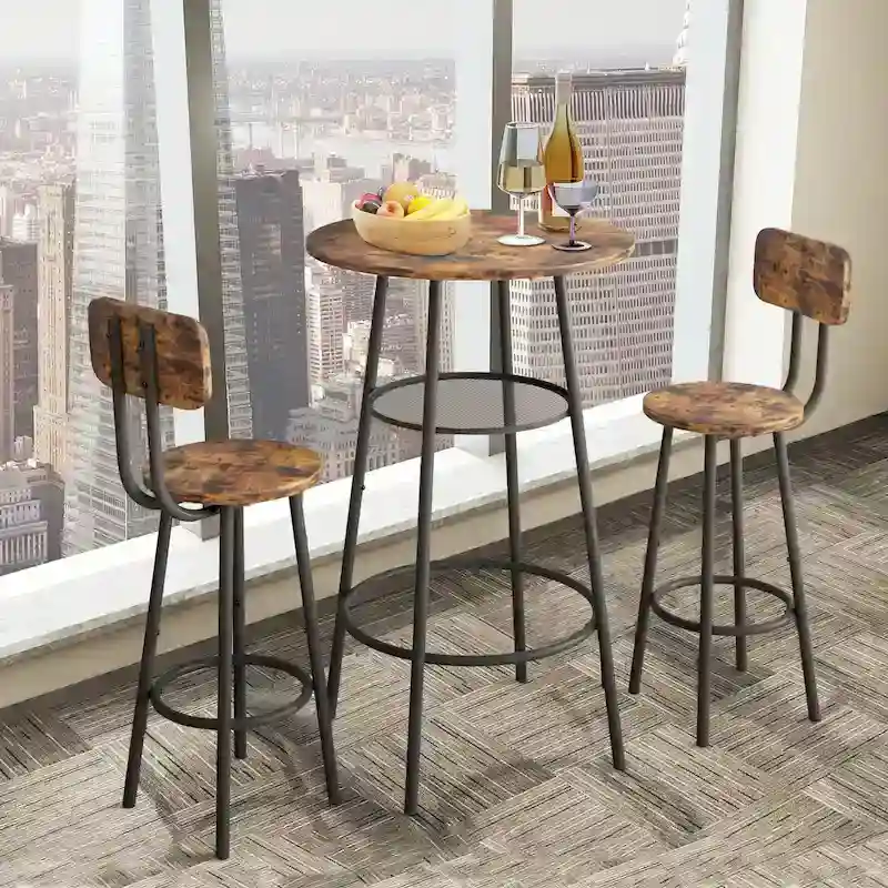 3-Piece Bar Table Set for 2, 2-Tier Round Bistro Dining Table Set
