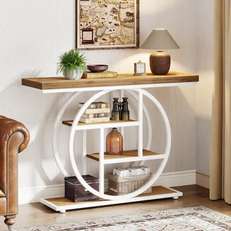 Industrial 4-Tier Sofa Table Entryway Table with Circle Base