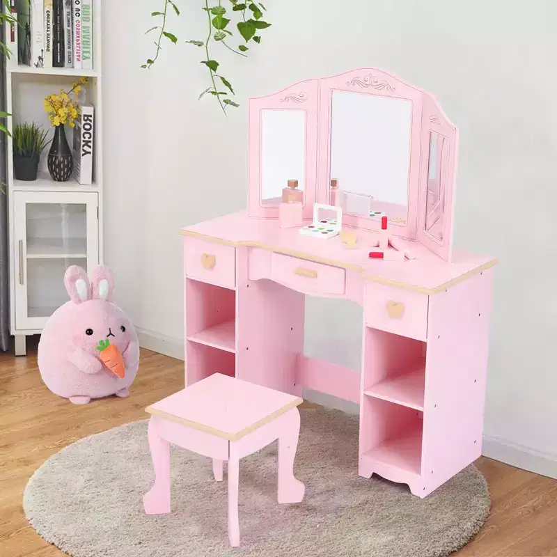 Kids Pretend Play Vanity Set with Tri-Fold Mirror, Stool & Storage - Toddler Makeup Desk for Girls 3+