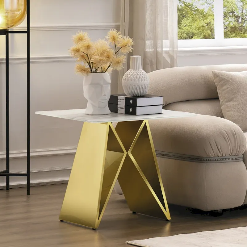 24-Inch White Tempered Glass End Table with M-Shaped Metal Base