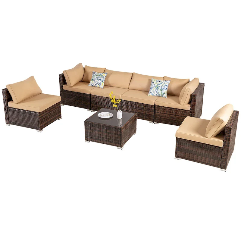 7-piece Brown Patio Wicker Sofa Furniture Set, 6 Sofas, 1 Table