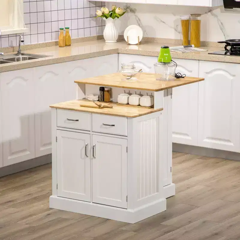 Kitchen Island with 2-Level Rubber Wood Tabletop, Island Table with Adjustable Shelves and Drawers