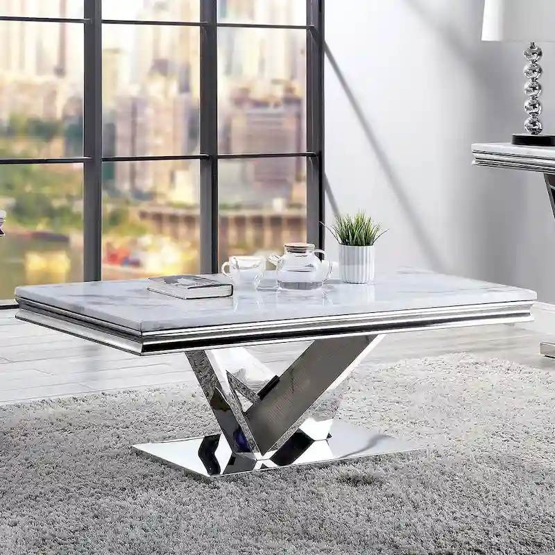 Kaliki Glam 51-inch Faux Marble Top Coffee Table with Chrome Pedestal Base by