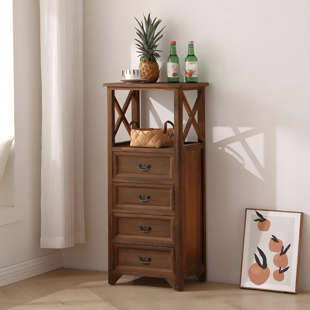 Industrial Rectangular Brown Wooden Drawer Cabinet