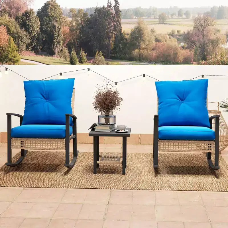 Outsunny 3 Pieces Patio Bistro Set, Wicker Furniture Set with Button Tufted Cushions, Rattan Rocking Chairs and Coffee Table