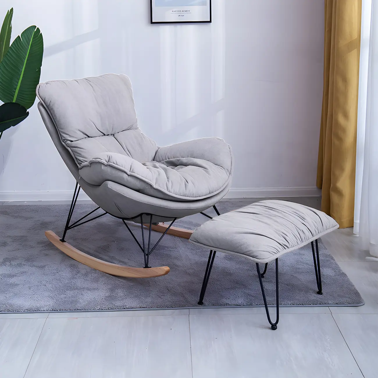 Velvet Upholstered Nursery Rocking Chair with Ottoman for Leisure