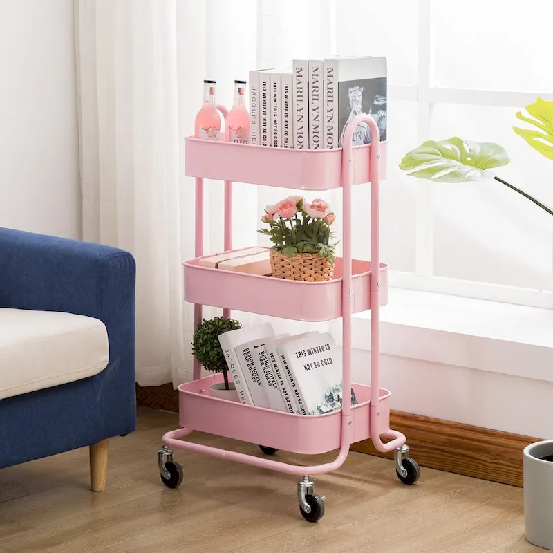 Pink 3-Tier Metal Cart Storage Shelves Organizer Trolley Cart with Wheels - 31*14*18