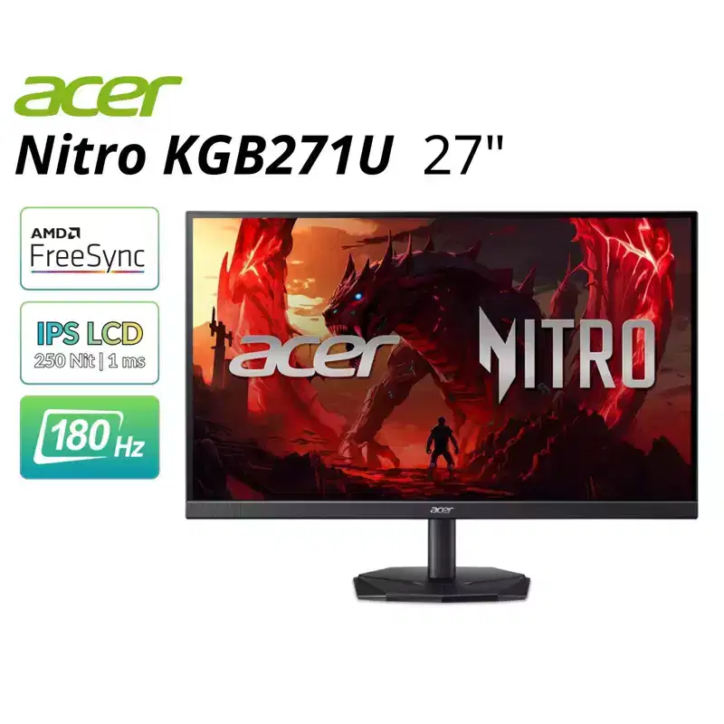 Refurbished Acer Nitro 27 Gaming LCD Monitor - 16:9 250 Nit Speakers HDMI DisplayPort - Black - KGB271U - Manufacturer Refurbished