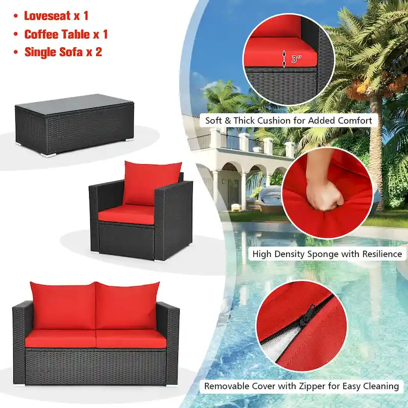 Costway 4 PCS Patio Rattan Furniture Set Cushioned Sofa Chair Coffee - See Description