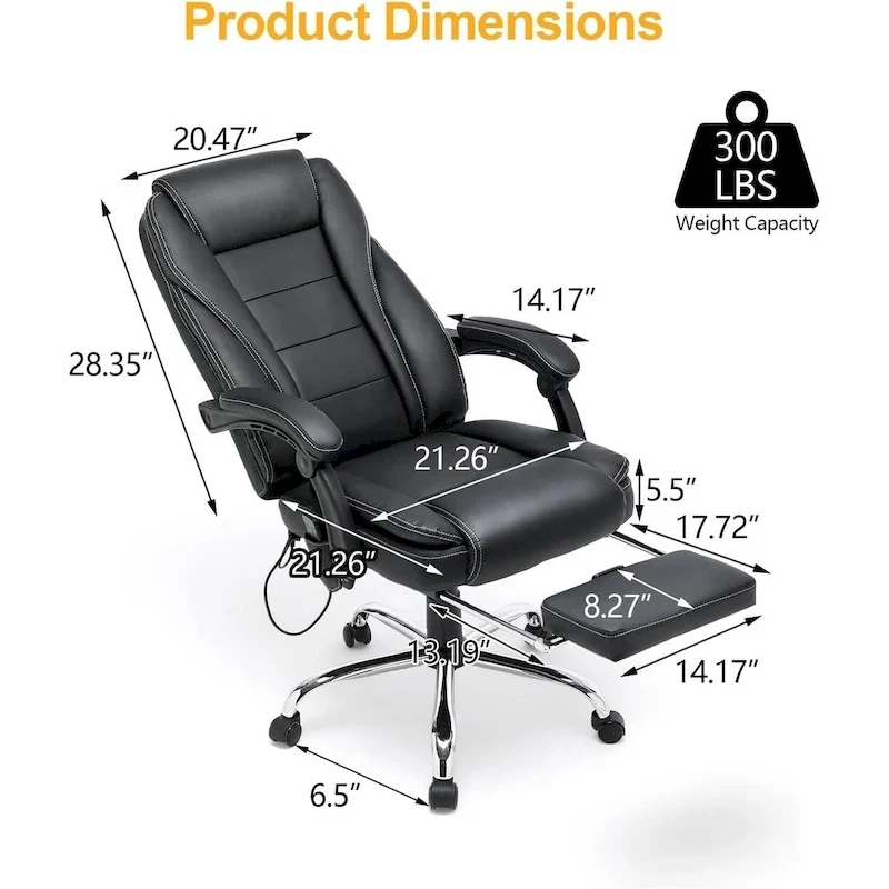Ergonomic Heated Executive Office Chair with 2/4/6-Point Massage, Retractable Footrest, and PU Leather