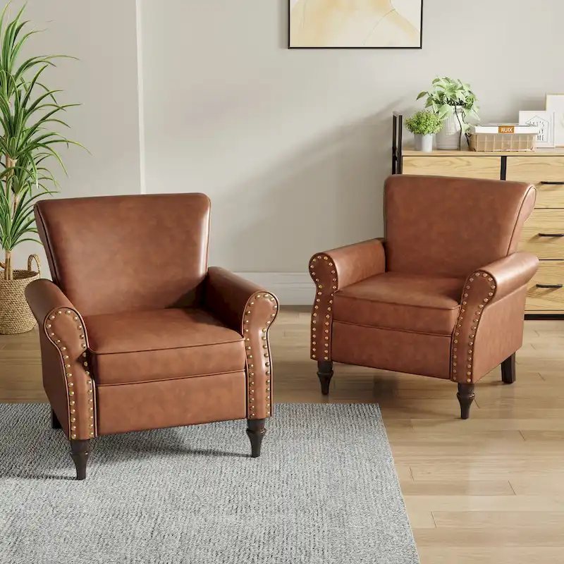 2 Set Nailheads Accent Chair Faux Leather Armchair